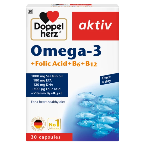 Illustration of the product packaging Doppelherz aktiv Omega-3 + Folic Acid + B6 + B12 front view